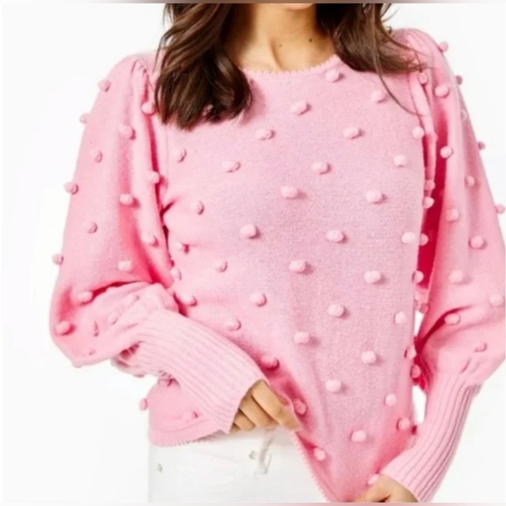 NWT Lilly Pulitzer Kippa Sweater Pom Pom Embellished Puff Sleeve in Pink Blossom